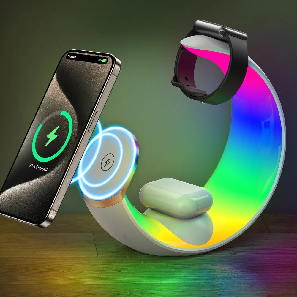 3 in 1 Magnetic Wireless Charger Stand For iPhone 15 14 Pro Airpods Apple Watch 15W Fast Charging RGB Light Station Holder