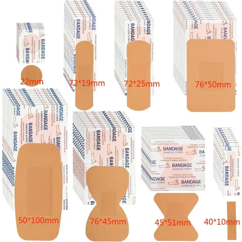 100Pcs PE Waterproof Band Aid All Size Skin Adhesive Bandages First Aid Wound Plaster Home Travel Outdoor Camp Emergency Kits